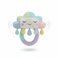 Soft pastel plush baby rattle toy on white background